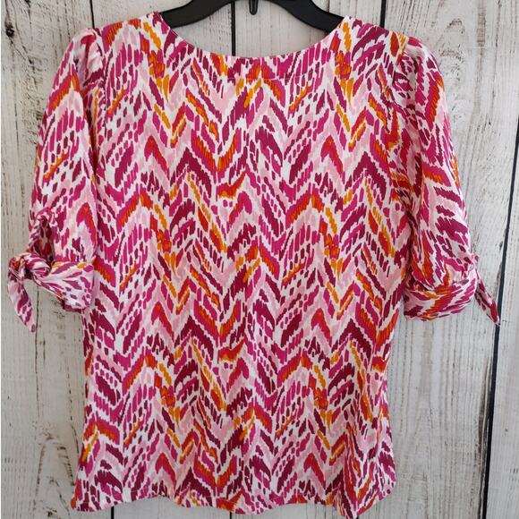 Emily Daniels Pink-Multi Ikat Linen-Blend V-Neck 1/2-Sleeve Button-Up Top Small - Picture 5 of 9
